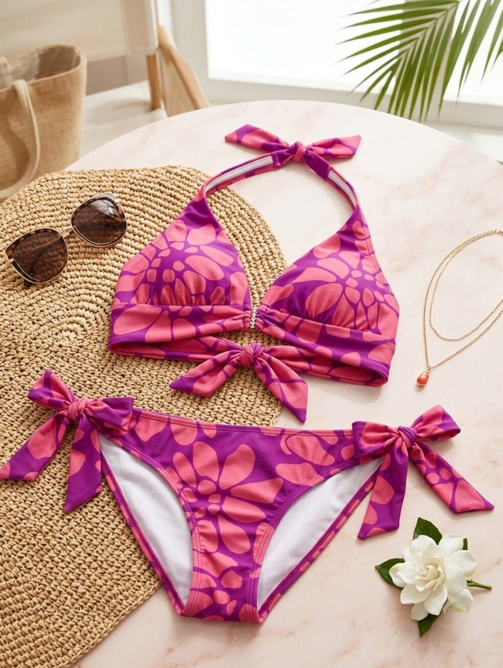 Perry Ellis Purple and Pink Floral Halter Bikini
